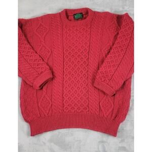 Vintage Rosmuc Wool Fisherman Sweater Men LG womens XL Red Cable Knit Ireland